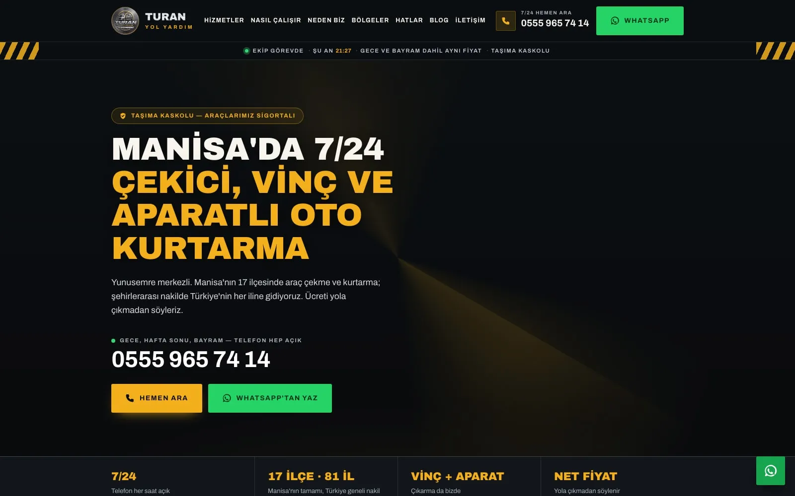 Turan Yol Yardım web sitesinin açılış ekranı
